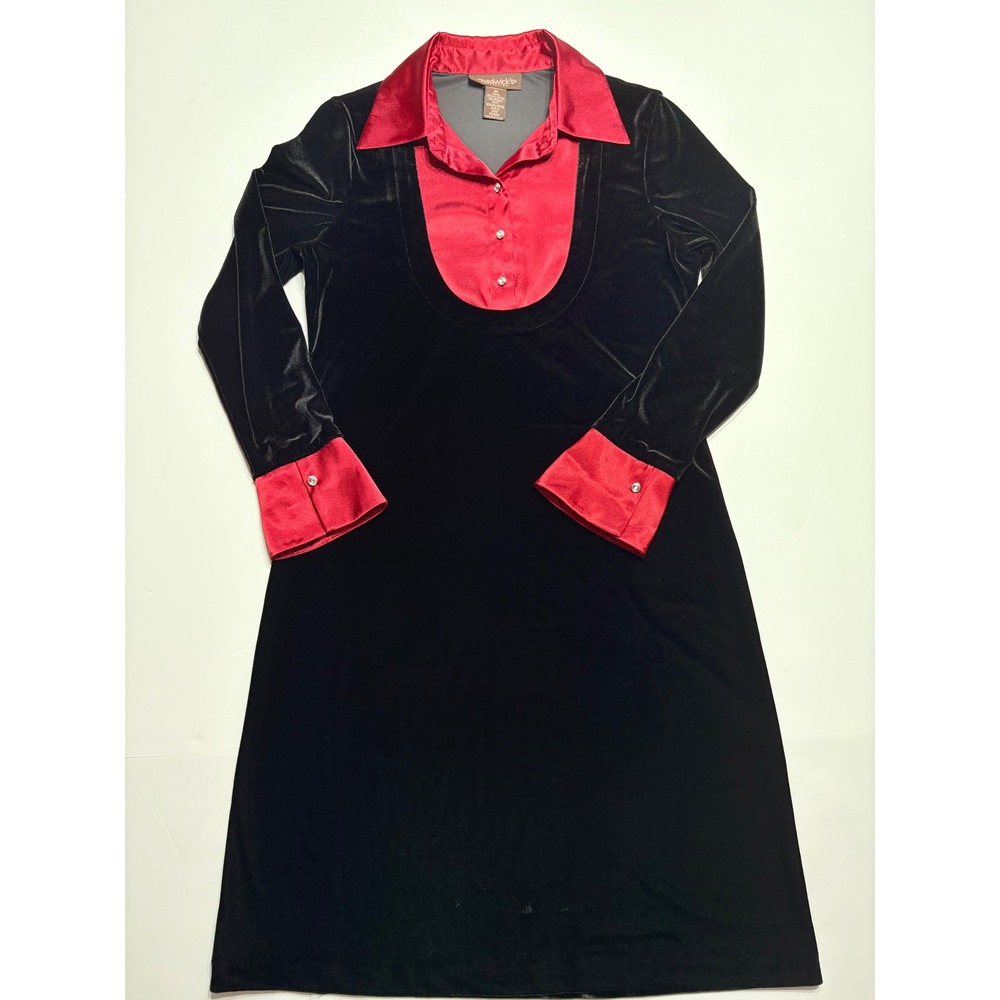 Chadwicks Black Velvet Red Satin Trim Dress Womens 8P Petite Long Sleeve Goth